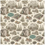 A repeating vintage-style garden pattern on a cream background, featuring small cottages, greenhouses, raised garden beds, watering cans, and plants. Two muted green labels with text are visible among the motifs.