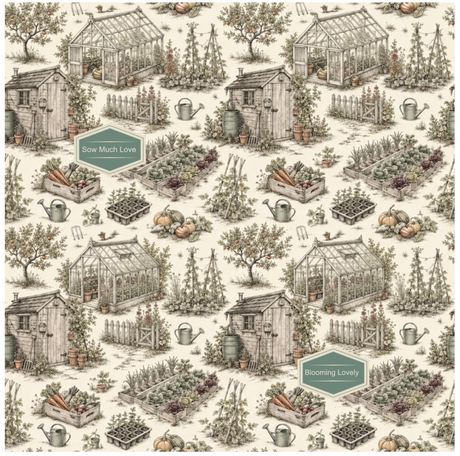 A repeating vintage-style garden pattern on a cream background, featuring small cottages, greenhouses, raised garden beds, watering cans, and plants. Two muted green labels with text are visible among the motifs.