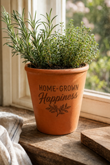 A terracotta planter with the words 'HOME-GROWN Happiness' printed on the front, filled with green herbs and sitting on a wooden windowsill.