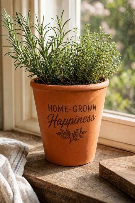 A terracotta planter with the words 'HOME-GROWN Happiness' printed on the front, filled with green herbs and sitting on a wooden windowsill.