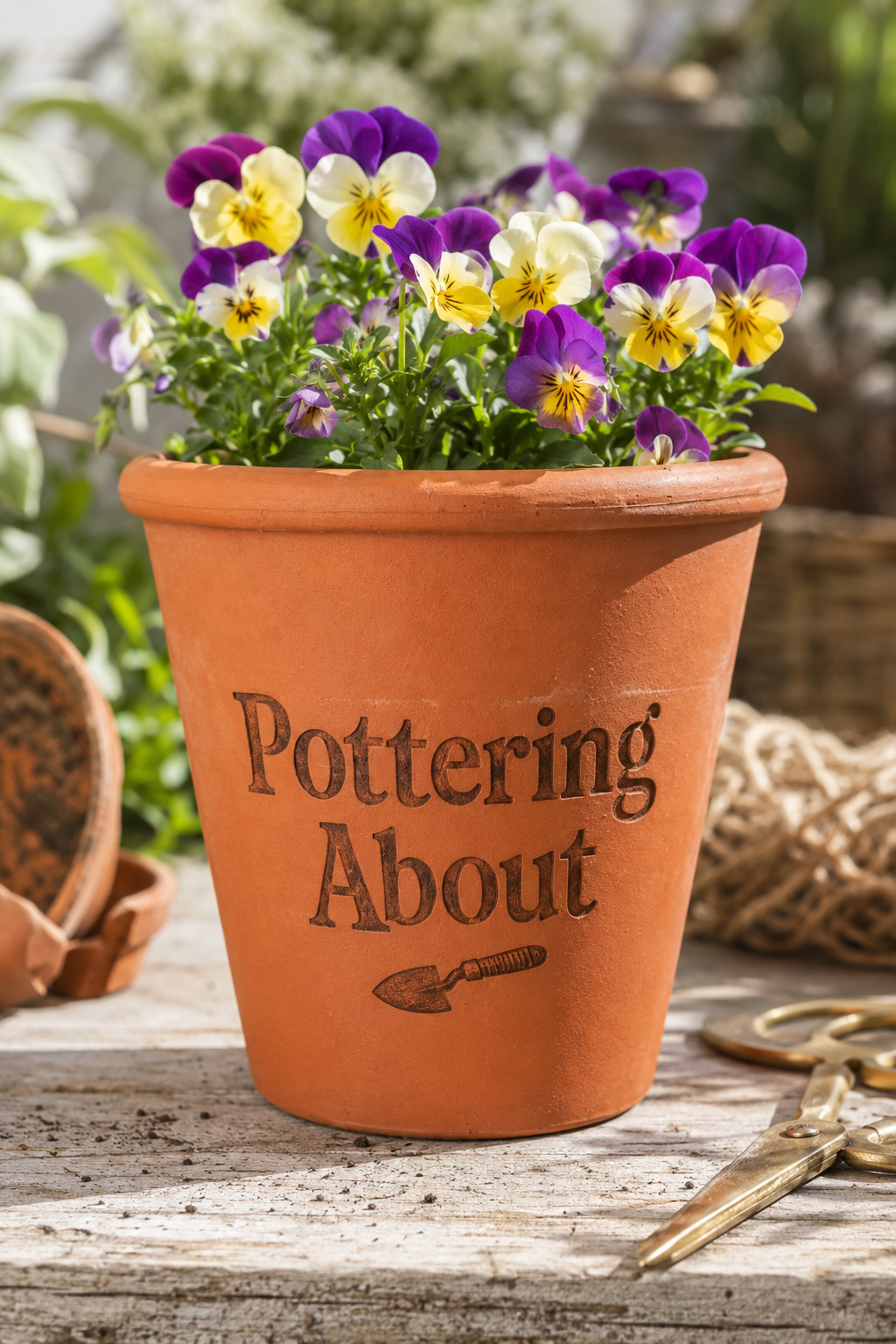 An orange-brown terracotta planter pot with the words 'Pottering About' and a small trowel graphic printed on the front, filled with purple, yellow, and white pansies. The pot sits on a rustic wooden surface with gardening props like scissors and a broken pot in a garden setting.