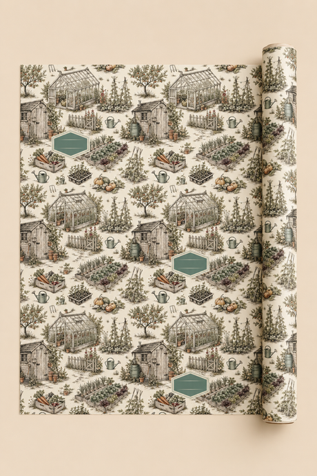 A roll of personalise your own wrapping paper with a detailed garden and greenhouse toile pattern on a warm cream background, displayed against a solid beige backdrop.