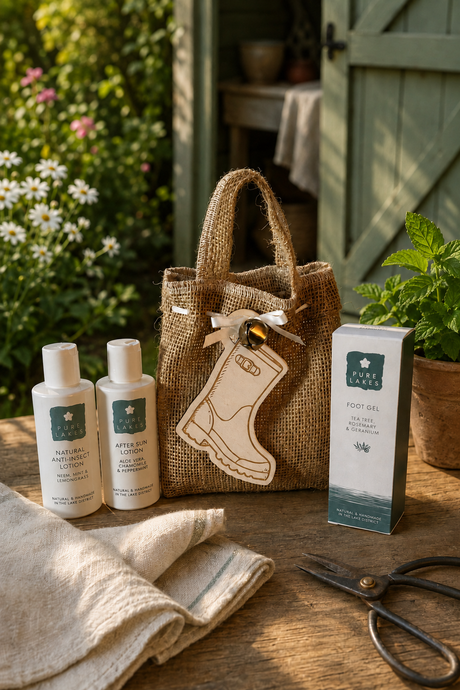 A mini hessian tote bag with a wooden welly boot tag sits on a Wooden surface outdoors with Pure Lake products Foot Gel, Anti-insect lotion and after sun lotion.