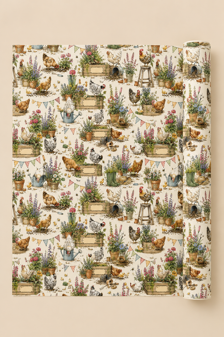 A roll of wrapping paper with a detailed vintage-style countryside pattern featuring chickens, rabbits, potted plants, and rustic props with crates that can be personalised with text on an off-white background, shown against a solid beige backdrop.