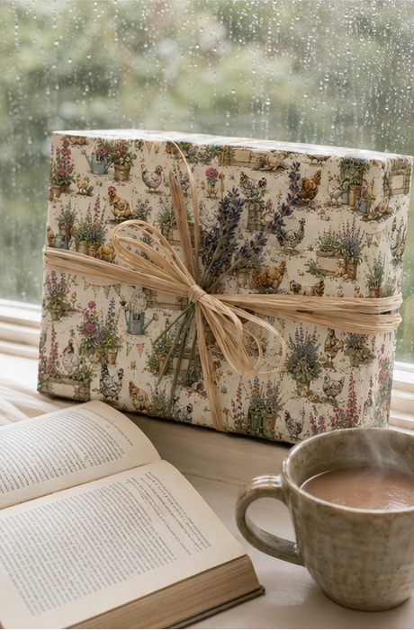 A gift box wrapped in Personalised Chicken Wrapping Paper, cream coloured with a vintage garden print, tied with a natural jute twine bow, sits on a windowsill next to an open book and a cup of hot coffee. Raindrops are visible on the window behind it.
