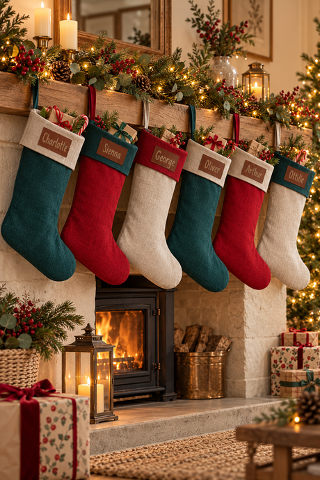 Five personalised linen Christmas stockings in forest green, red, and natural linen hang from a wooden mantel decorated with a festive garland, candles, and warm string lights above a lit fireplace. The stockings are individually personalised with names: Charlotte, Sophia, George, Peter, and James, and are shown in a cozy Christmas living room setting.