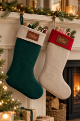 Handmade Linen Christmas Stocking | Personalised Leather Name Patch