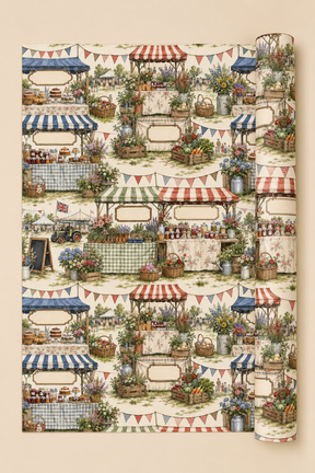 A roll of Personalised Country Show Wrapping Paper, shown partially unrolled on a solid beige background. The pattern depicts multiple rustic market stalls with red, blue, and green striped awnings, decorated with potted plants, baskets, and colourful bunting flags.