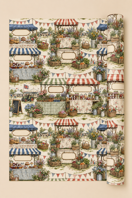 A roll of Personalised Country Show Wrapping Paper, shown partially unrolled on a solid beige background. The pattern depicts multiple rustic market stalls with red, blue, and green striped awnings, decorated with potted plants, baskets, and colourful bunting flags.