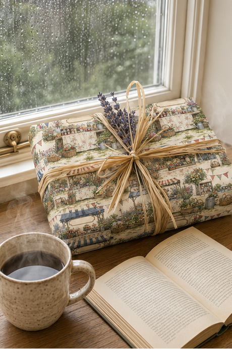 A gift box wrapped in a Personalised Country Show Wrapping Paper, tied with a natural jute twine bow and decorated with dried lavender sprigs, set on a wooden table next to an open book and a steaming ceramic mug in front of a rainy window.