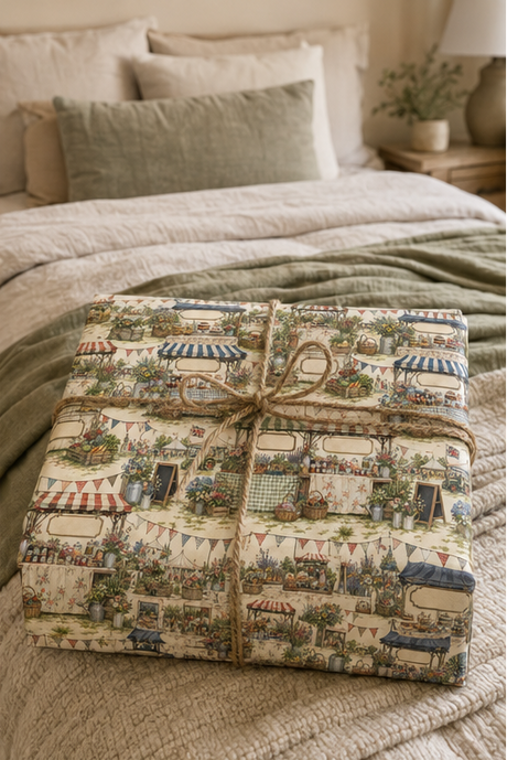 A gift box wrapped in a Personalised Country Show Wrapping Paper with a rustic twine bow, resting on a cozy bed with neutral-toned bedding.