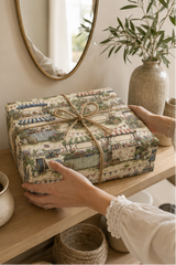 A gift box wrapped in a Personalised Country Show Wrapping Paper and tied with a twine bow, being held by hands on a wooden shelf in a warm, styled interior setting.