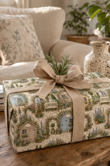 A rectangular gift box wrapped in Personalised Garden Shed Wrapping Paper with beige burlap ribbon topped with a sprig of greenery, set on a wooden table in a cozy living room.