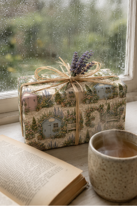 A gift box wrapped in rustic Personalised Garden Shed Wrapping Paper with a small lavender sprig on top, tied with a twine bow, sitting on a windowsill next to an open book and a cup of tea.