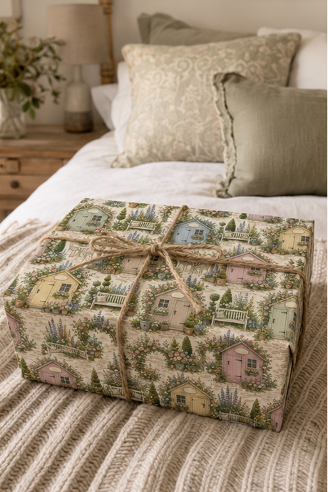 A gift box wrapped in a vintage-style Personalised Garden Shed Wrapping Paper and tied with a rustic jute twine bow, placed on a bed with neutral-toned bedding and pillows in the background.