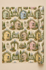 A roll of wrapping paper or fabric featuring a repeating vintage-style garden sheds in pastel colours with plaques on the doors that can be personalised , shown partially unrolled against a solid beige background.