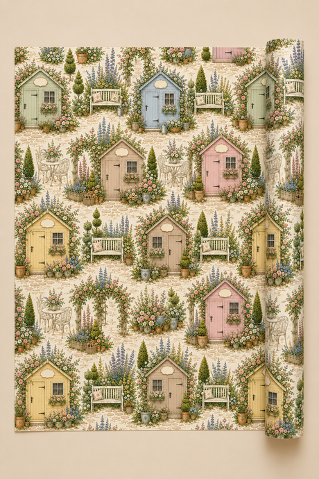 A roll of wrapping paper or fabric featuring a repeating vintage-style garden sheds in pastel colours with plaques on the doors that can be personalised , shown partially unrolled against a solid beige background.