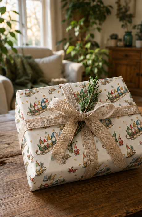 Personalised Christmas wrapping paper featuring seven customer-supplied faces on colourful gonks racing downhill on a wooden sledge, with seven corresponding names printed along the side. The pencil-sketch pattern also includes gonks hauling sledges, carrying fir trees and tumbling through snow, with gold stars, small trees and sledge tracks on warm ivory.