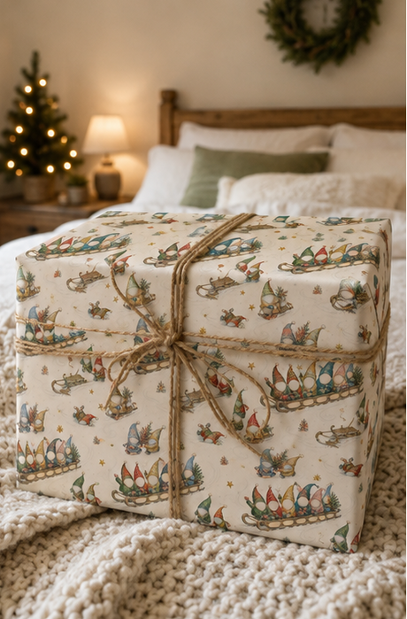 Personalised Christmas wrapping paper featuring seven customer-supplied faces on colourful gonks racing downhill on a wooden sledge, with seven corresponding names printed along the side. The pencil-sketch pattern also includes gonks hauling sledges, carrying fir trees and tumbling through snow, with gold stars, small trees and sledge tracks on warm ivory.