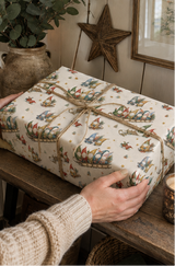 Personalised Christmas wrapping paper featuring seven customer-supplied faces on colourful gonks racing downhill on a wooden sledge, with seven corresponding names printed along the side. The pencil-sketch pattern also includes gonks hauling sledges, carrying fir trees and tumbling through snow, with gold stars, small trees and sledge tracks on warm ivory.