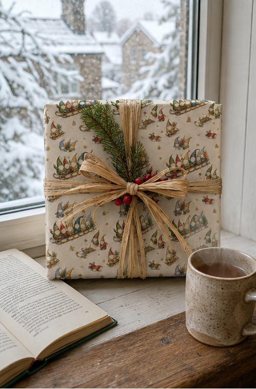 Personalised Christmas wrapping paper featuring seven customer-supplied faces on colourful gonks racing downhill on a wooden sledge, with seven corresponding names printed along the side. The pencil-sketch pattern also includes gonks hauling sledges, carrying fir trees and tumbling through snow, with gold stars, small trees and sledge tracks on warm ivory.