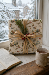 Personalised Christmas wrapping paper featuring seven customer-supplied faces on colourful gonks racing downhill on a wooden sledge, with seven corresponding names printed along the side. The pencil-sketch pattern also includes gonks hauling sledges, carrying fir trees and tumbling through snow, with gold stars, small trees and sledge tracks on warm ivory.