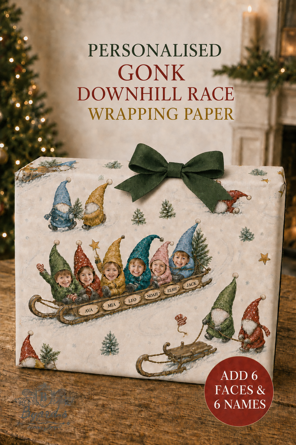 Personalised Gonk Downhill Race wrapping paper shown wrapped around a gift box with a dark green bow. The wrapping paper features a vintage-style illustration of gnome characters in a sled, with text reading 'PERSONALISED GONK DOWNHILL RACE WRAPPING PAPER' and a red badge that says 'ADD 6 FACES & 6 NAMES'.