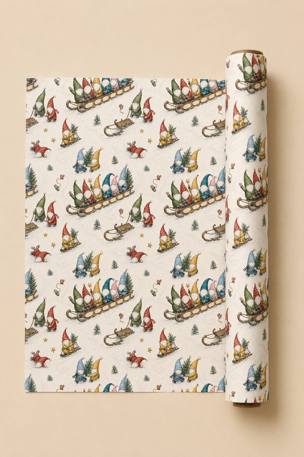 Personalised Christmas wrapping paper featuring seven customer-supplied faces on colourful gonks racing downhill on a wooden sledge, with seven corresponding names printed along the side. The pencil-sketch pattern also includes gonks hauling sledges, carrying fir trees and tumbling through snow, with gold stars, small trees and sledge tracks on warm ivory.