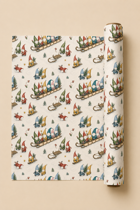 Personalised Christmas wrapping paper featuring seven customer-supplied faces on colourful gonks racing downhill on a wooden sledge, with seven corresponding names printed along the side. The pencil-sketch pattern also includes gonks hauling sledges, carrying fir trees and tumbling through snow, with gold stars, small trees and sledge tracks on warm ivory.