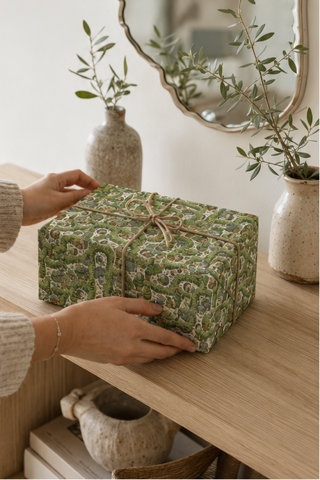 A square gift box wrapped in Personalised Hedgehog Garden Wrapping Paper and tied with a twine bow, resting on a light wood shelf in a styled interior setting with ceramic vases and a mirror.