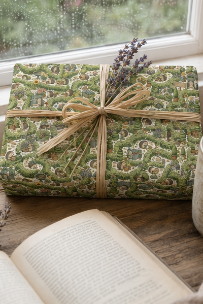 A rectangular gift box wrapped in Personalised Hedgehog Garden Wrapping Paper  with a natural twine bow and lavender sprig, placed on a wooden surface near an open book and a window.