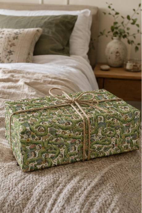 A rectangular gift box wrapped in Personalised Hedgehog Garden Wrapping Paper, tied with a natural twine bow, placed on a beige textured blanket in a softly lit bedroom setting.