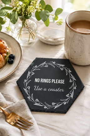 Hexagonal coaster with 'No Rings Please Use a Coaster' text on a table with a cup of coffee and plate.