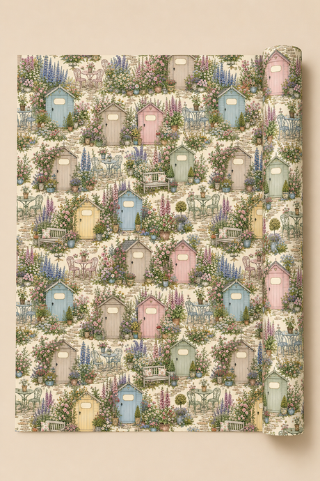 A rolled sheet of wrapping paper or gift wrap featuring a repeating pattern of pastel beach huts with door signs that can be personalised, benches, and garden foliage on a light cream background, shown against a solid beige backdrop.