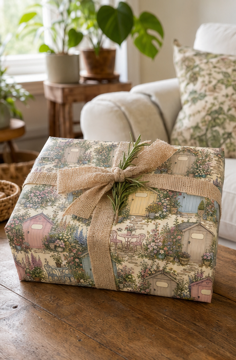 A gift box wrapped in a vintage Personalised Pastel Shed Village Wrapping Paper tied with a burlap ribbon and decorated with a sprig of rosemary, sitting on a wooden table in a cozy living room setting.