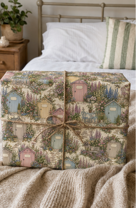 A gift box wrapped in a vintage-style garden shed patterned paper and tied with a twine bow, placed on a beige knit blanket in front of a bed.