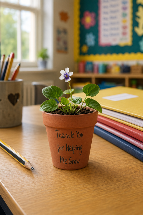 A small potted plant in a terracotta pot sits on a wooden desk in a classroom setting. The pot is handwritten with the message 'Thank You for Helping Me Grow'.