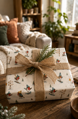 Bobble-hatted robins ski, snowboard and tumble down a snowy course while three wooden signposts display six names or short messages chosen by you. Personalised Christmas gift wrap for families and winter-sports fans.