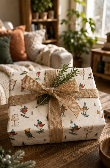 Bobble-hatted robins ski, snowboard and tumble down a snowy course while three wooden signposts display six names or short messages chosen by you. Personalised Christmas gift wrap for families and winter-sports fans.