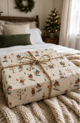 Bobble-hatted robins ski, snowboard and tumble down a snowy course while three wooden signposts display six names or short messages chosen by you. Personalised Christmas gift wrap for families and winter-sports fans.