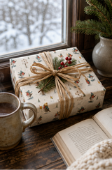 Bobble-hatted robins ski, snowboard and tumble down a snowy course while three wooden signposts display six names or short messages chosen by you. Personalised Christmas gift wrap for families and winter-sports fans.