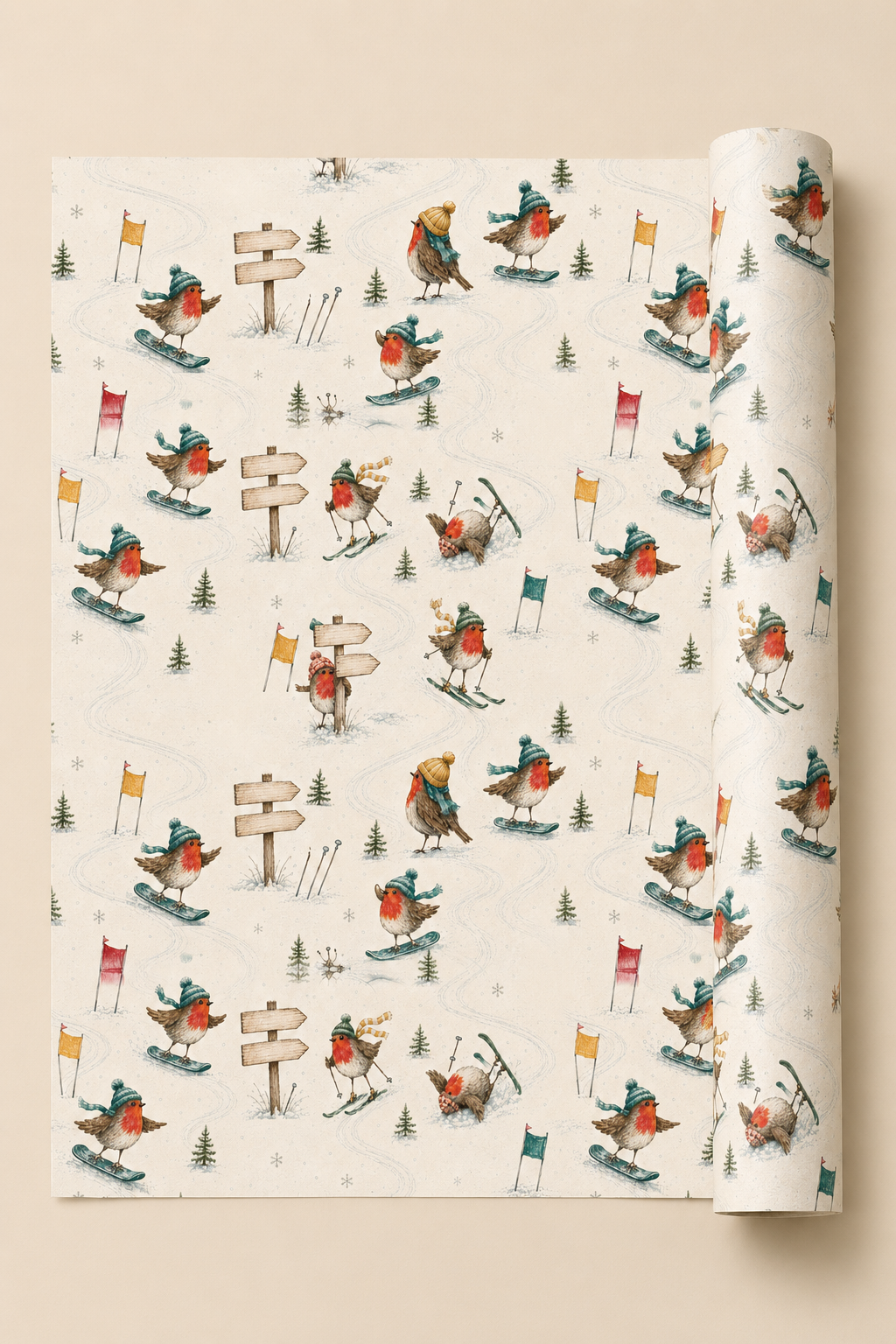 Personalised Christmas wrapping paper featuring robins skiing, snowboarding and racing through snow. Three wooden signposts each contain two personalised signs, providing six spaces for names or short messages.