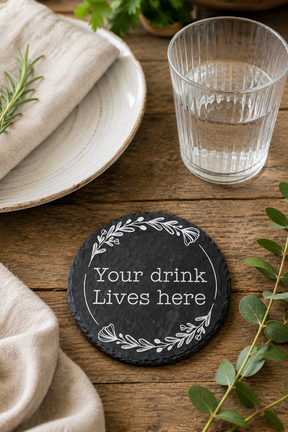 Slate coaster with 'Your drink lives here' text on a wooden table with a glass of water and plates.