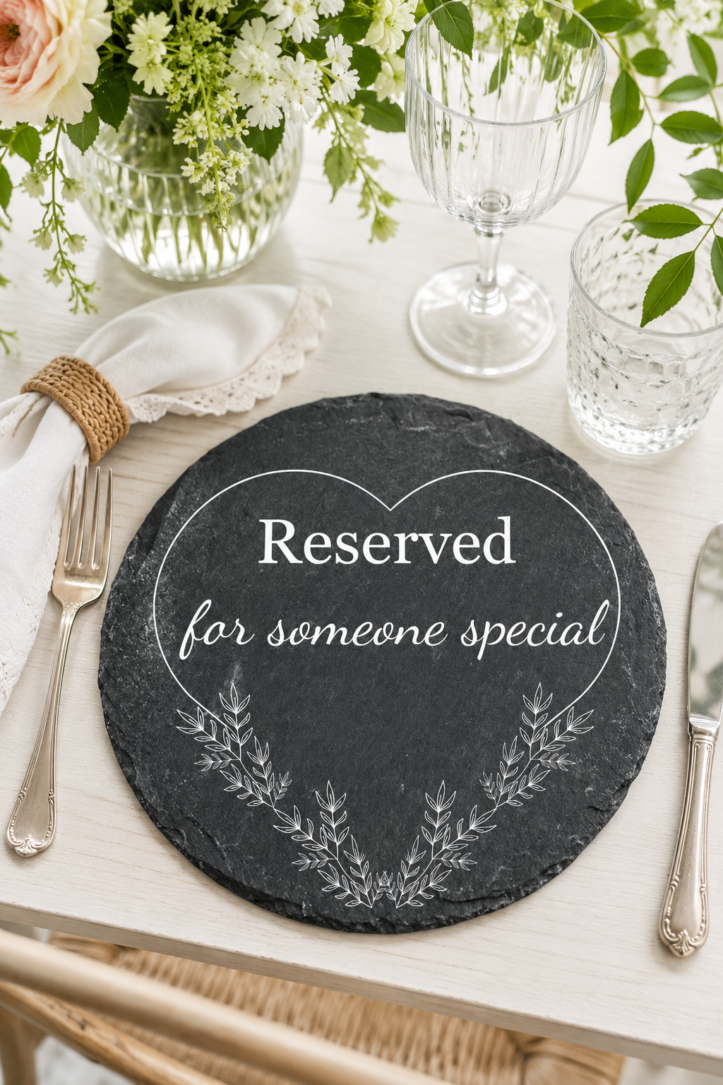 Reserved slate plaque on a table setting with flowers and cutlery
