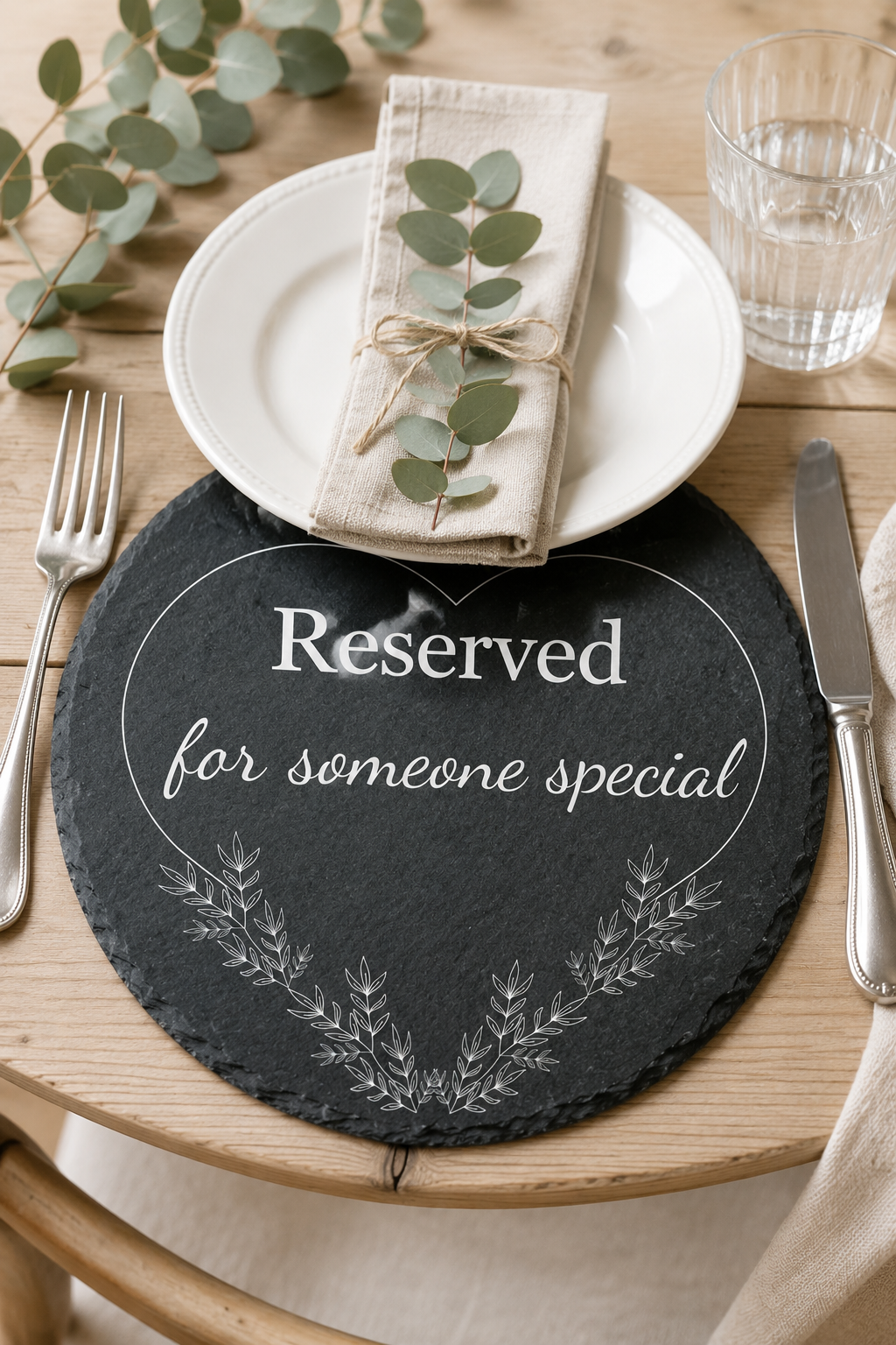 Table setting with a 'Reserved for someone special' placemat, white plate, and greenery.