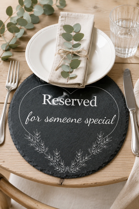 Table setting with a 'Reserved for someone special' placemat, white plate, and greenery.