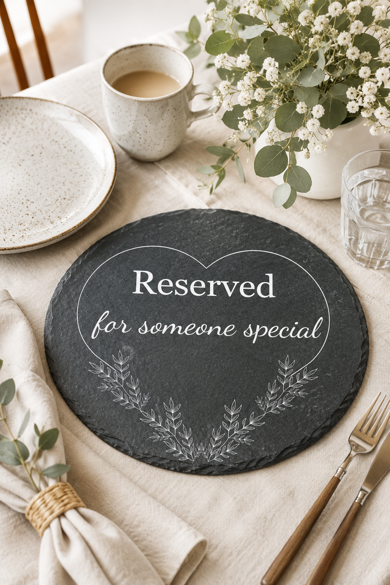 Round slate board with 'Reserved for someone special' text on a table setting with plates, cup, and flowers.