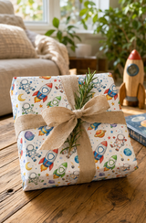 A gift box wrapped in white paper with a colorful space-themed print of rockets, astronauts, and planets, tied with a natural burlap ribbon and topped with a green sprig, set on a wooden table in a cozy living room.