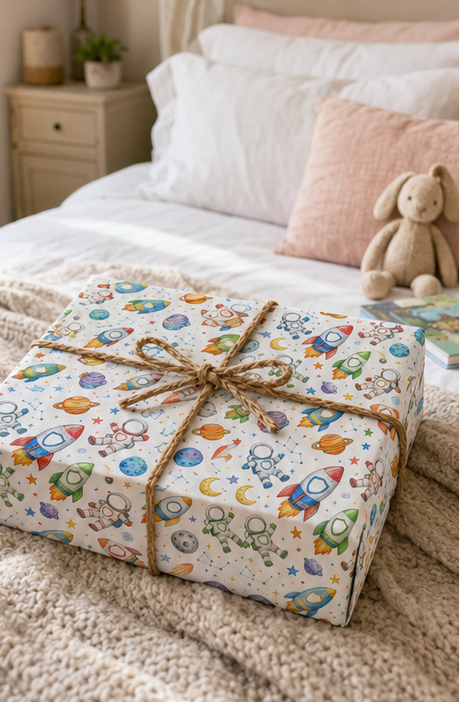 A gift box wrapped in white wrapping paper with a colorful space-themed print of rockets, astronauts, planets, and stars, tied with a rustic jute twine bow, set on a cozy bed with a plush bunny nearby.