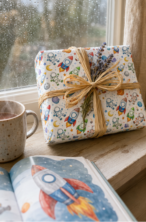 A gift box wrapped in white paper with a colorful rocket ship and astronaut pattern, tied with a natural jute twine bow and decorated with dried lavender, sitting on a wooden windowsill next to a mug and an open book.
